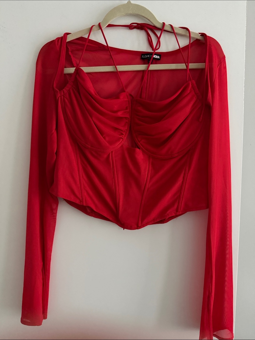 Fashion Nova Red Mesh Bustier Crop Top with Sheer Long Sleeves